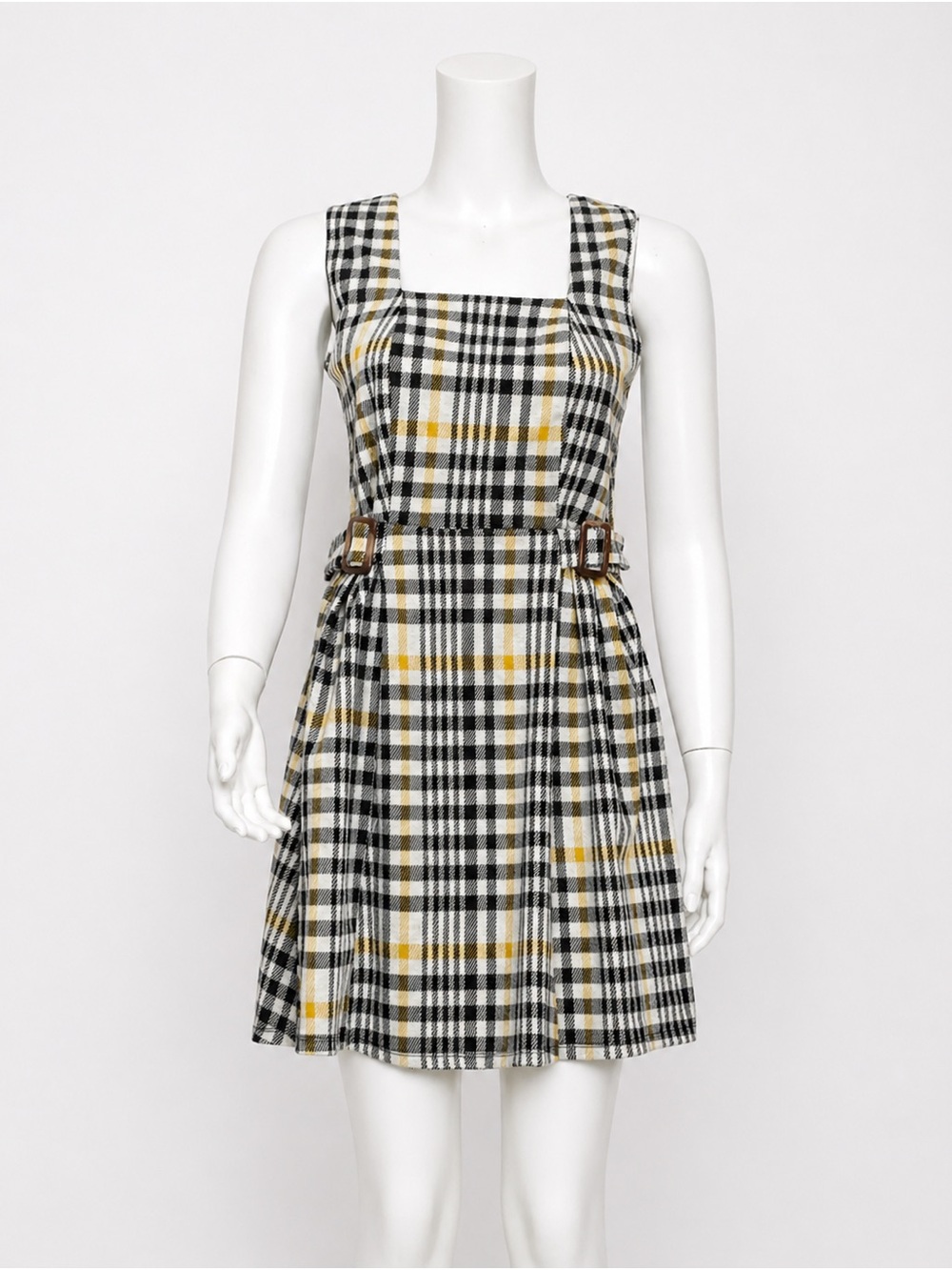 Plaid Square-Neck Mini Dress in Black, White & Yellow - Brand